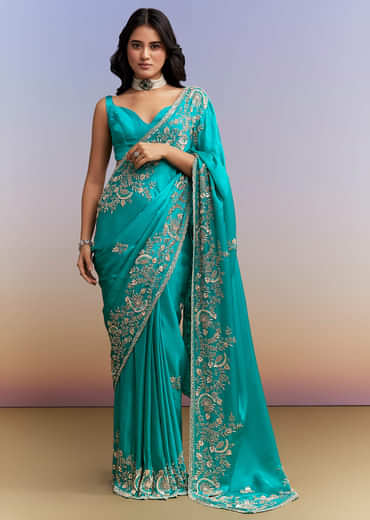Turquoise Blue Satin Saree With Heavy Hand Work