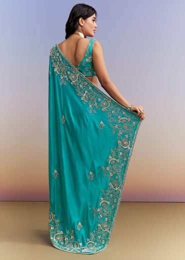 Turquoise Blue Satin Saree With Heavy Hand Work