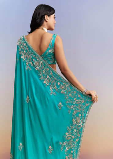 Turquoise Blue Satin Saree With Heavy Hand Work