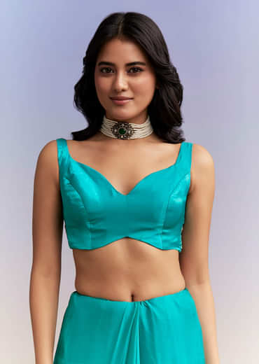 Turquoise Blue Satin Saree With Heavy Hand Work