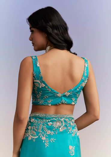 Turquoise Blue Satin Saree With Heavy Hand Work