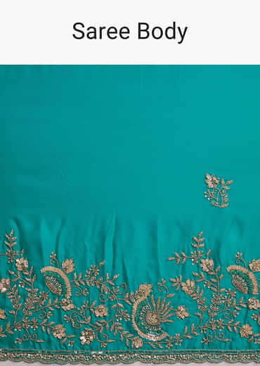Turquoise Blue Satin Saree With Heavy Hand Work