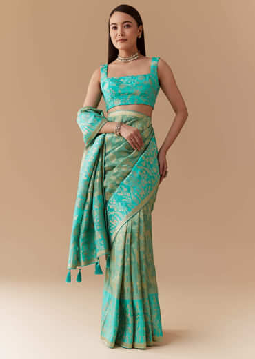 Turquoise Blue Zari Weave Silk Saree with Unstitched Blouse