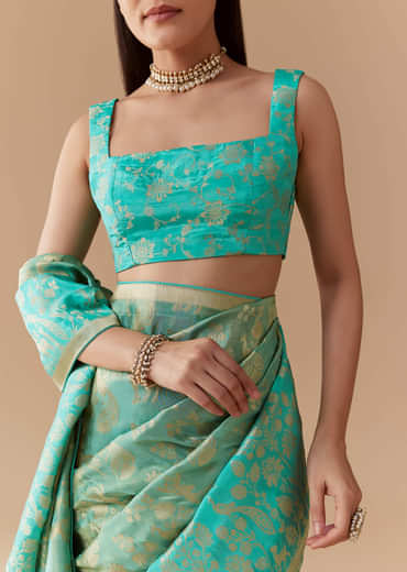 Turquoise Blue Zari Weave Silk Saree with Unstitched Blouse