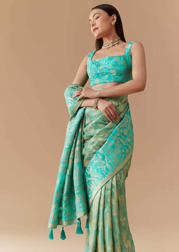 Turquoise Blue Zari Weave Silk Saree with Unstitched Blouse
