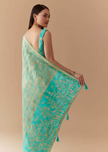Turquoise Blue Zari Weave Silk Saree with Unstitched Blouse