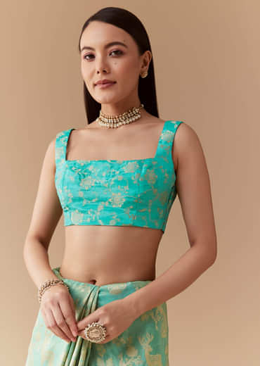 Turquoise Blue Zari Weave Silk Saree with Unstitched Blouse