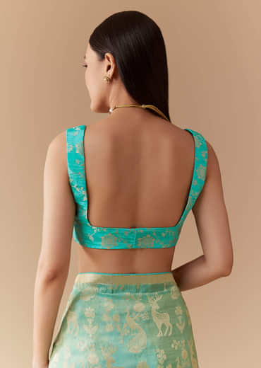 Turquoise Blue Zari Weave Silk Saree with Unstitched Blouse