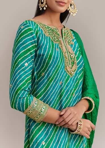 Turquoise Green Chinon Leheriya Embroidered Sharara Set