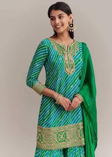 Turquoise Green Chinon Leheriya Embroidered Sharara Set