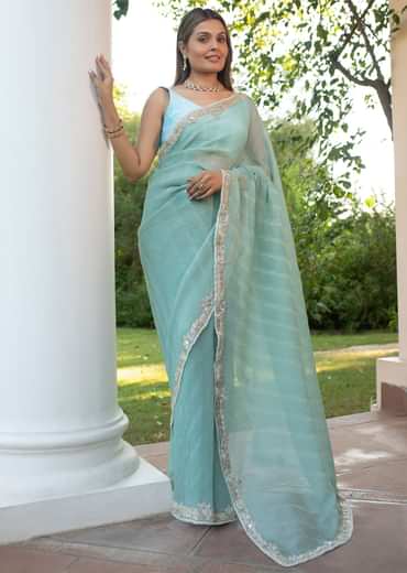 Turquoise Blue Crush Tissue Cutdana Work Saree With Embroidered Border