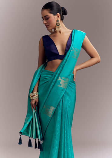 Turquoise Blue Jacquard Silk Saree With Brocade Work And Embroidery