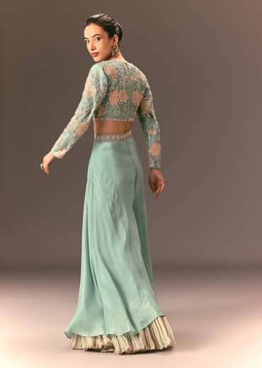 Turquoise Blue Raw Silk Hand Work Palazzo Suit