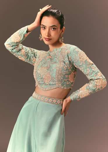 Turquoise Blue Raw Silk Hand Work Palazzo Suit