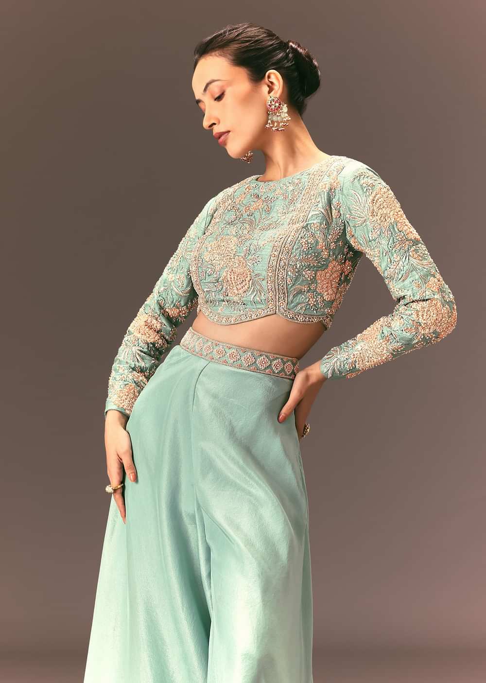 Turquoise Blue Raw Silk Hand Work Palazzo Suit