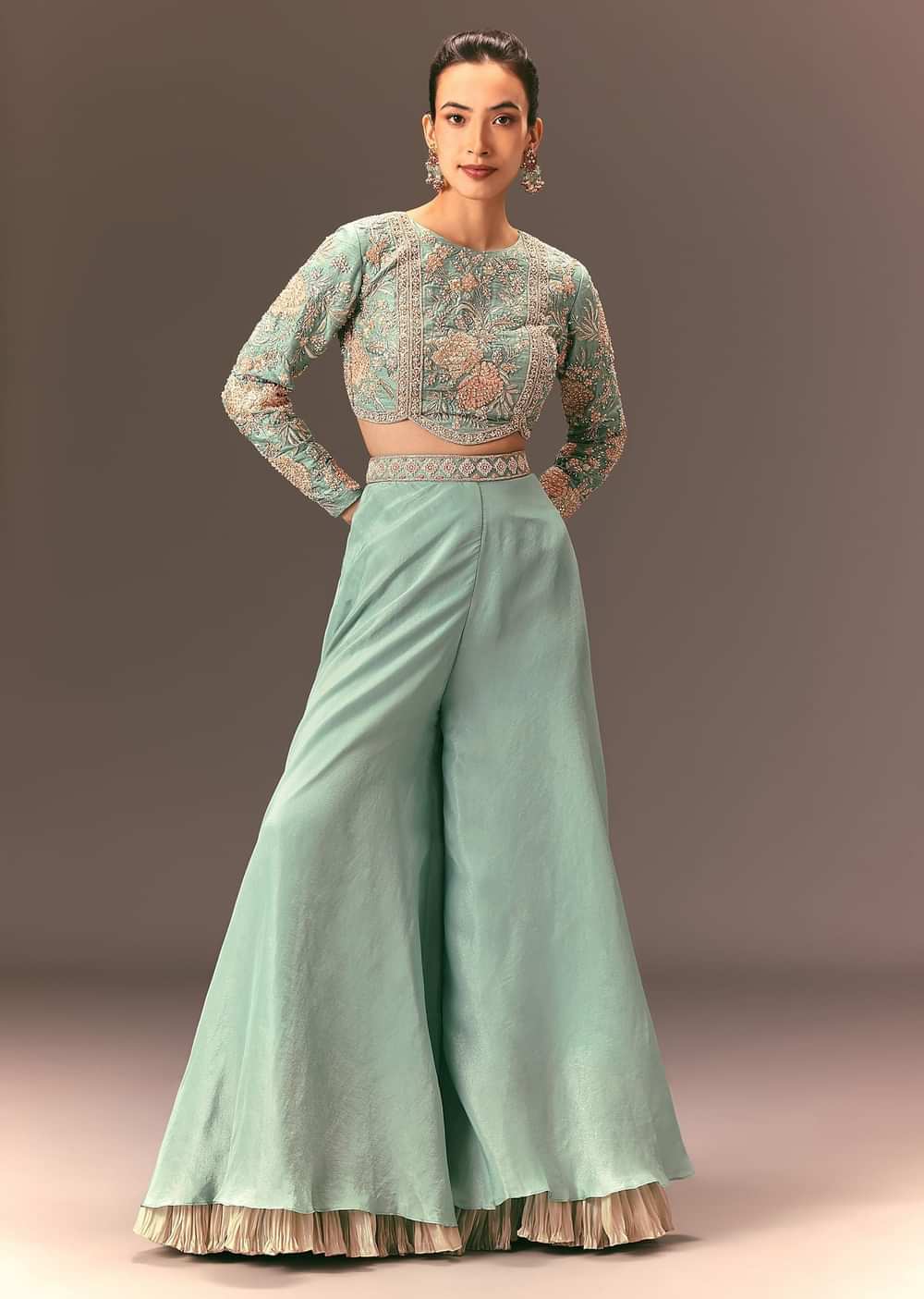Turquoise Blue Raw Silk Hand Work Palazzo Suit