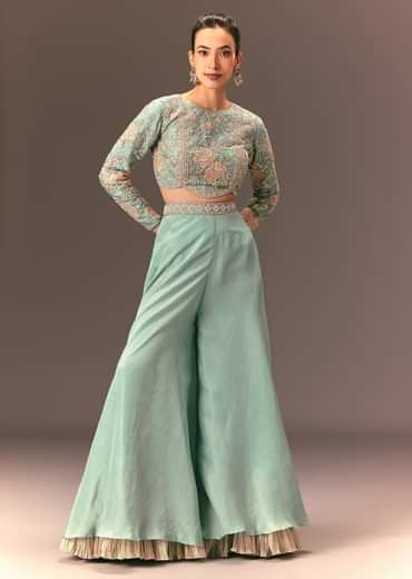 Turquoise Blue Raw Silk Hand Work Palazzo Suit