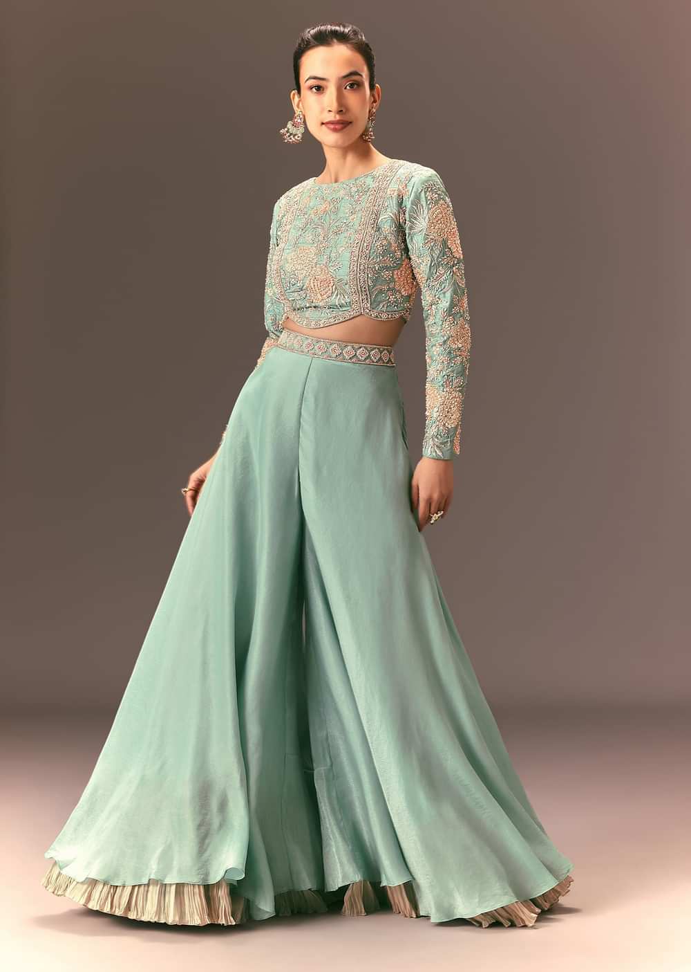 Turquoise Blue Raw Silk Hand Work Palazzo Suit
