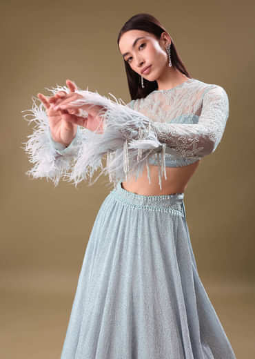 Turquoise Blue Sequin Skirt With Embroidered Blouse