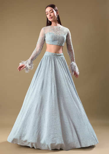 Turquoise Blue Sequin Skirt With Embroidered Blouse