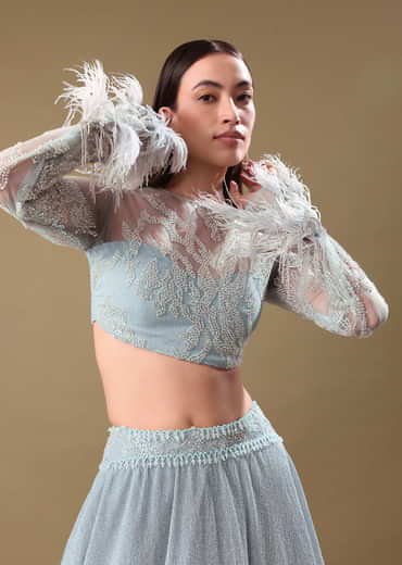 Turquoise Blue Sequin Skirt With Embroidered Blouse