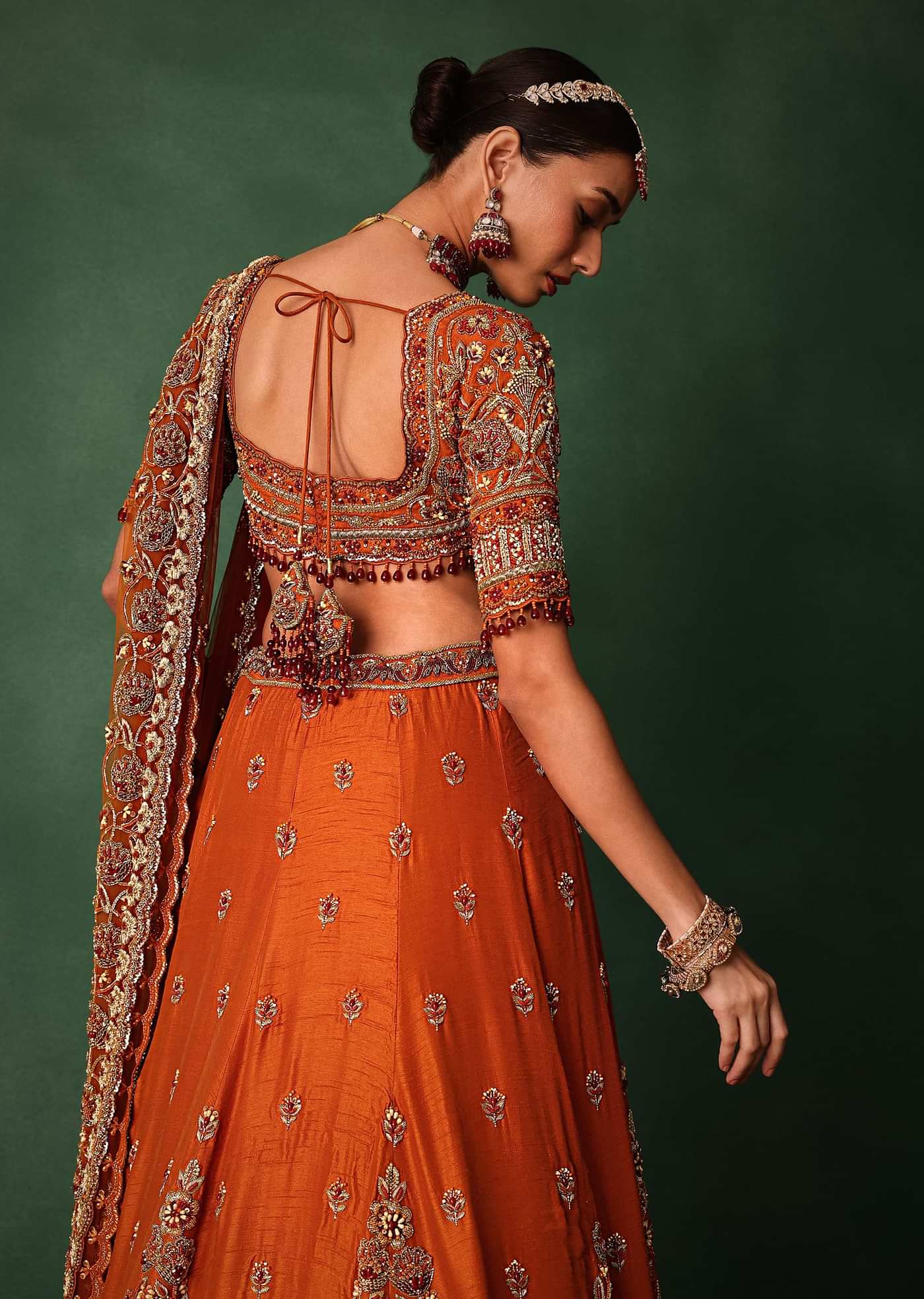 Tussar Orange Embroidered Lehenga With Scoop Neckline Blouse And Dupatta