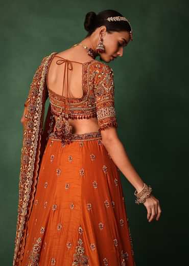 Tussar Orange Embroidered Lehenga With Scoop Neckline Blouse And Dupatta