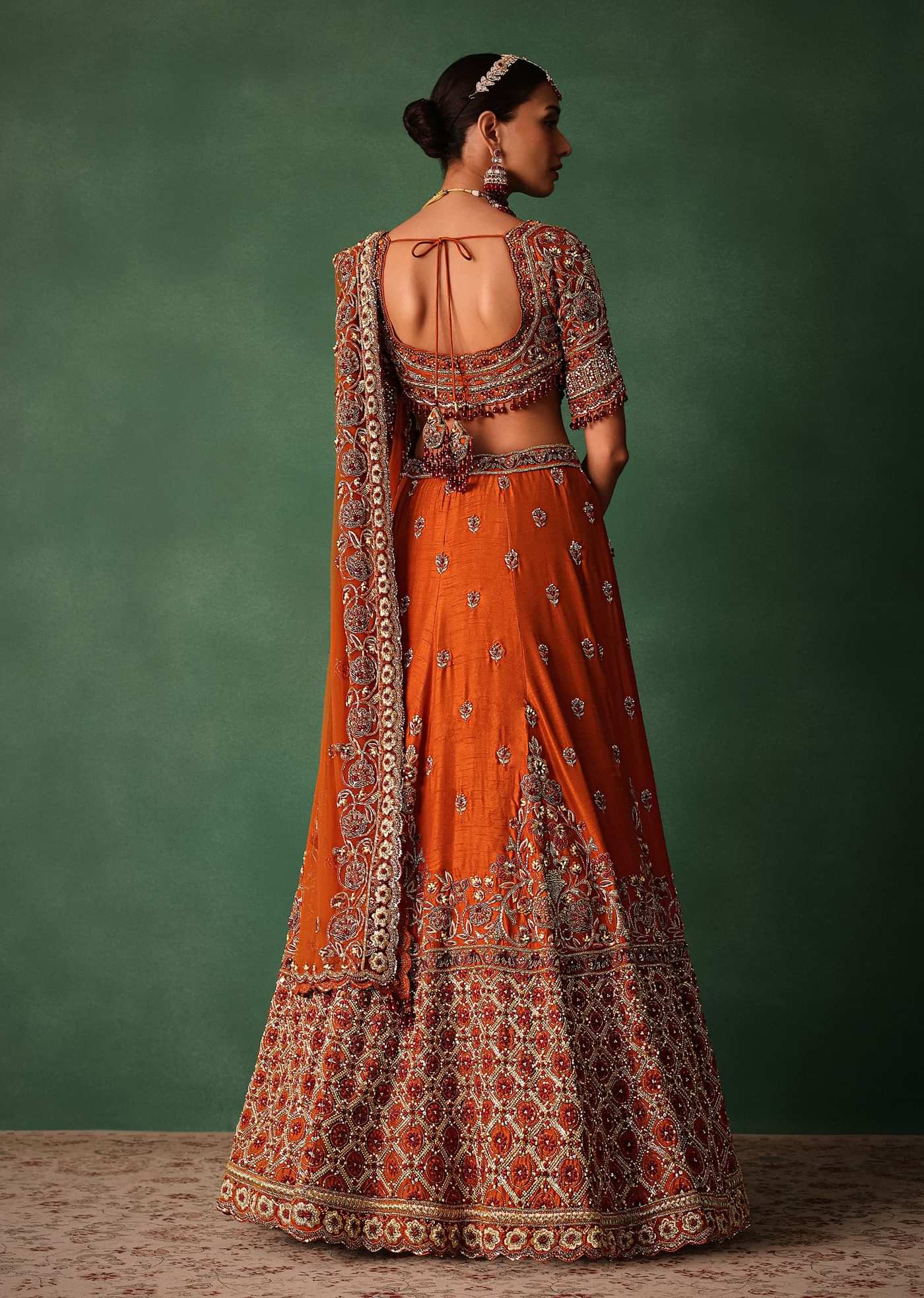 Tussar Orange Embroidered Lehenga With Scoop Neckline Blouse And Dupatta