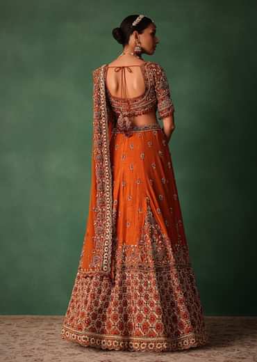 Tussar Orange Embroidered Lehenga With Scoop Neckline Blouse And Dupatta
