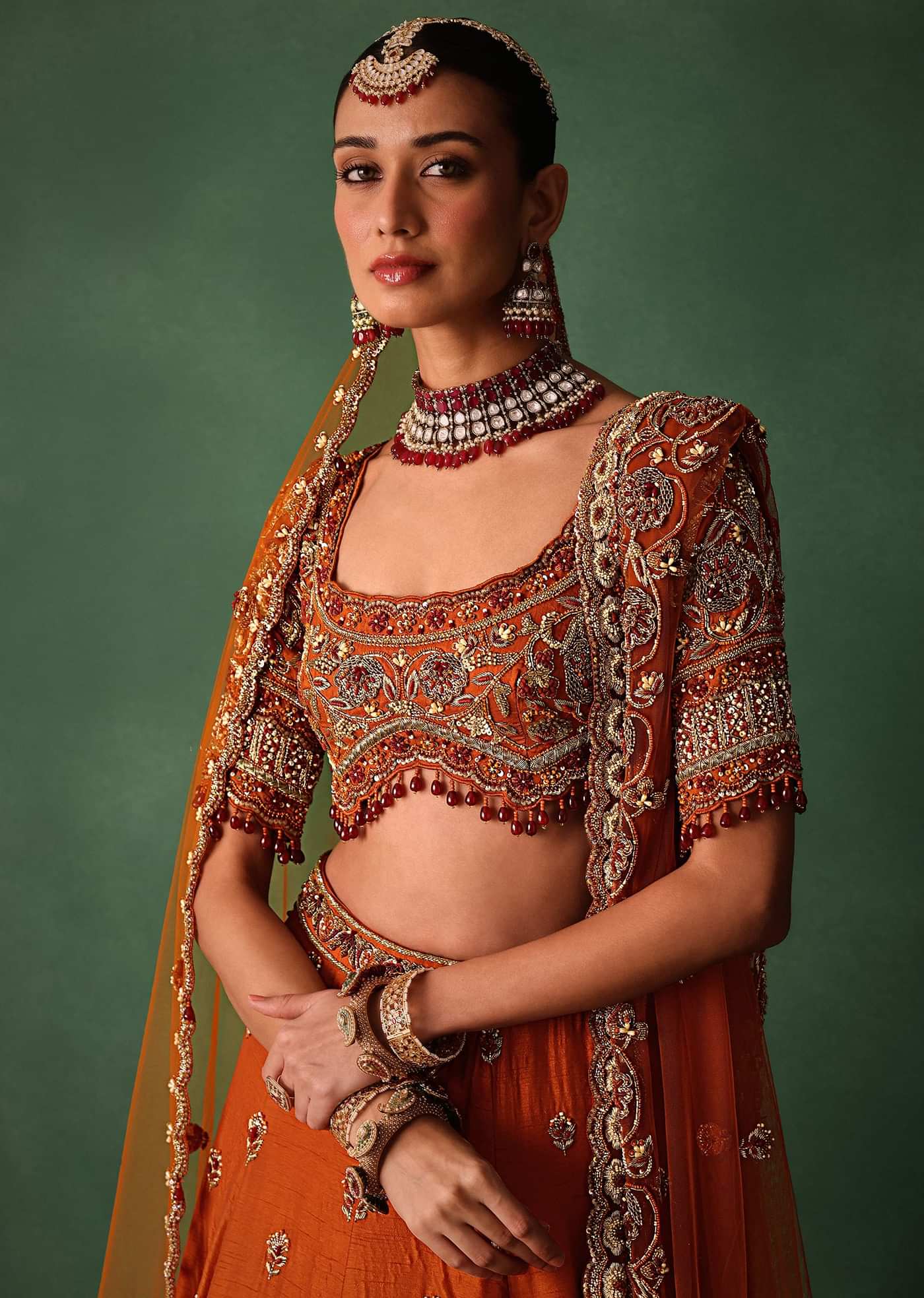 Tussar Orange Embroidered Lehenga With Scoop Neckline Blouse And Dupatta