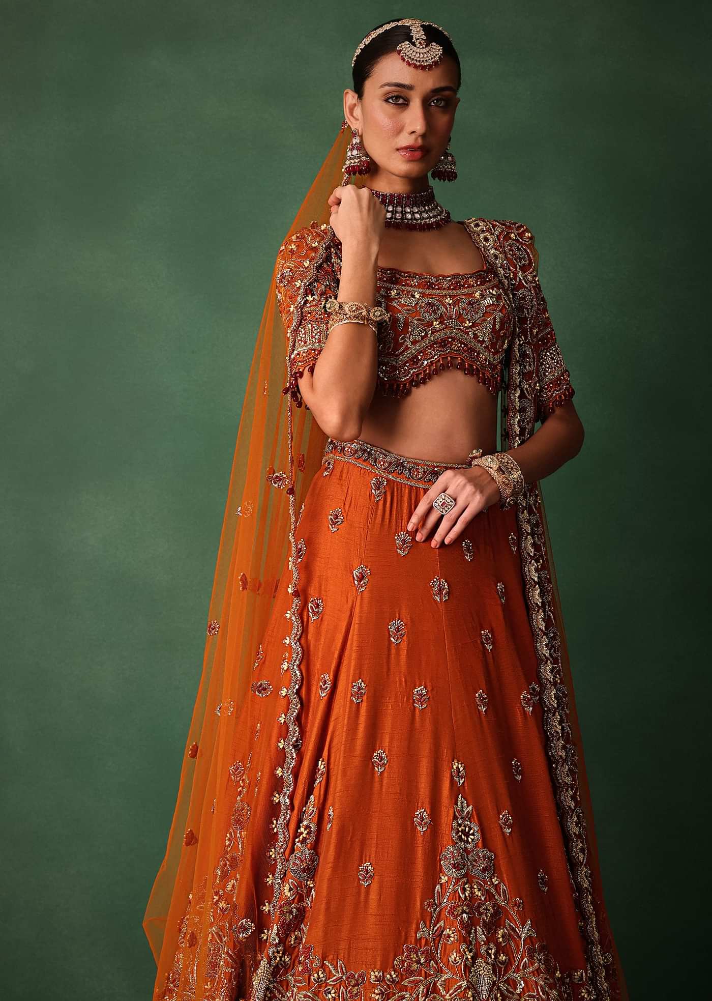 Tussar Orange Embroidered Lehenga With Scoop Neckline Blouse And Dupatta
