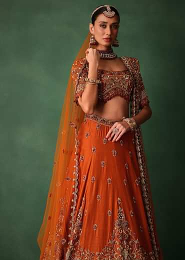 Tussar Orange Embroidered Lehenga With Scoop Neckline Blouse And Dupatta
