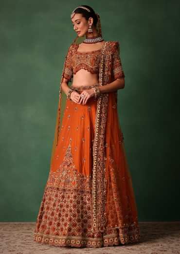 Tussar Orange Embroidered Lehenga With Scoop Neckline Blouse And Dupatta
