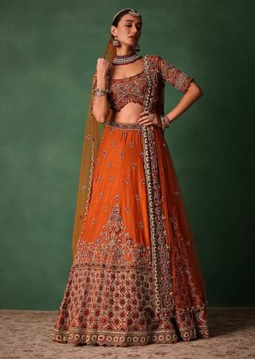 Tussar Orange Embroidered Lehenga With Scoop Neckline Blouse And Dupatta