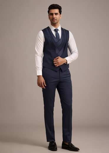 Tuxedo With Intricate Cut Work In Blue