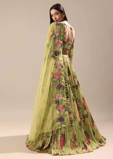 Verdant Green Printed Blouse And Skirt