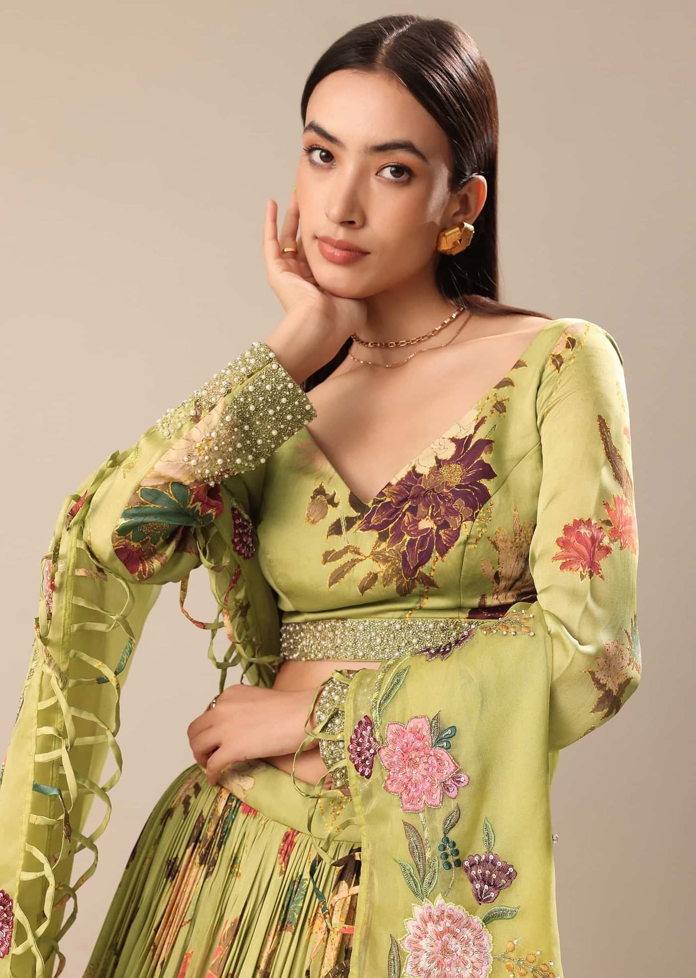 Verdant Green Printed Blouse And Skirt