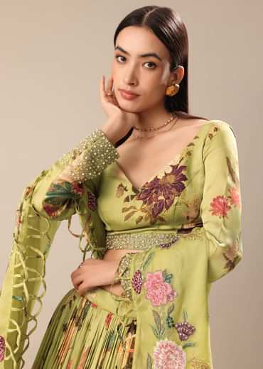 Verdant Green Printed Blouse And Skirt