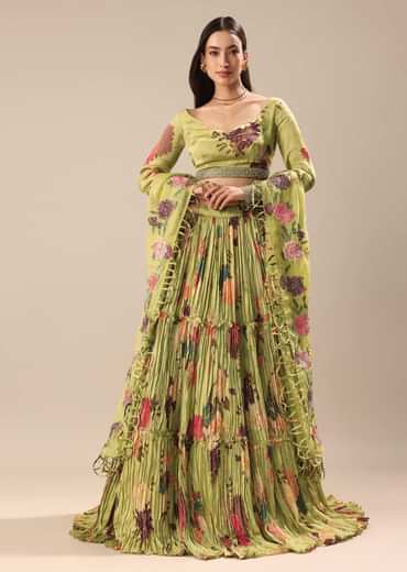 Verdant Green Printed Blouse And Skirt