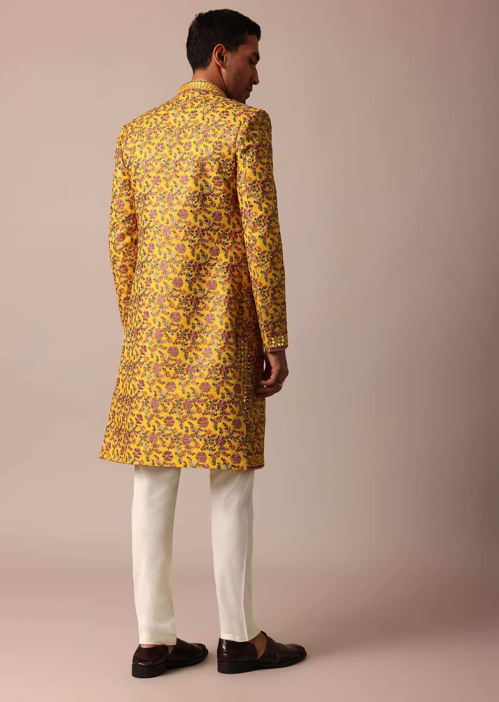 Vibrant Yellow Silk Embroidered Sherwani Set
