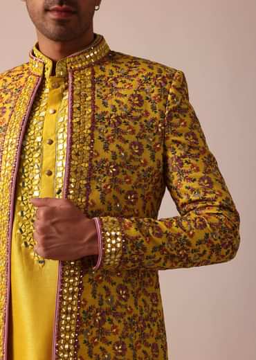 Vibrant Yellow Silk Embroidered Sherwani Set