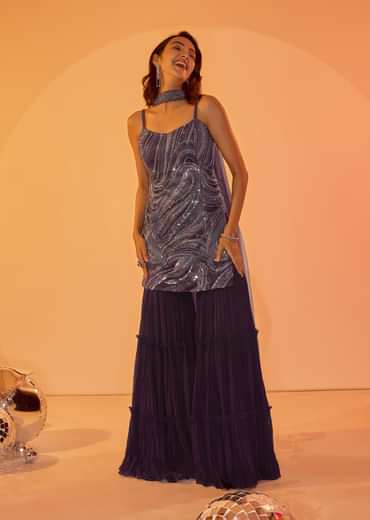 Violet Embroidered Kurti With Ruching Sharara