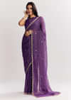 Violet Georgette Saree With Foil Stripes And Gota Patti Mirror Work