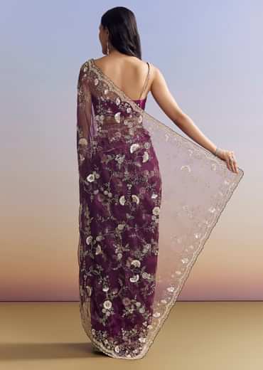 Violet Organza Saree With All Over Embroidered Floral Jaal