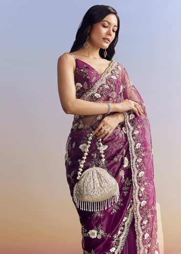 Violet Organza Saree With All Over Embroidered Floral Jaal