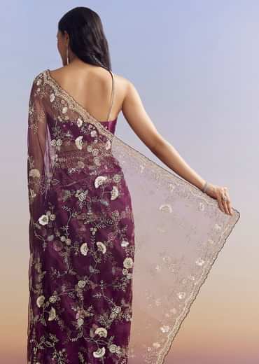 Violet Organza Saree With All Over Embroidered Floral Jaal