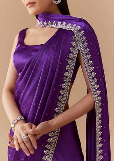 Violet Stone Embellished Saree with Unstitched Blouse