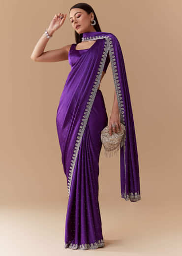 Violet Stone Embellished Saree with Unstitched Blouse
