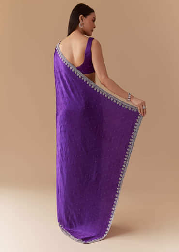 Violet Stone Embellished Saree with Unstitched Blouse