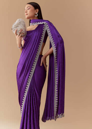 Violet Stone Embellished Saree with Unstitched Blouse